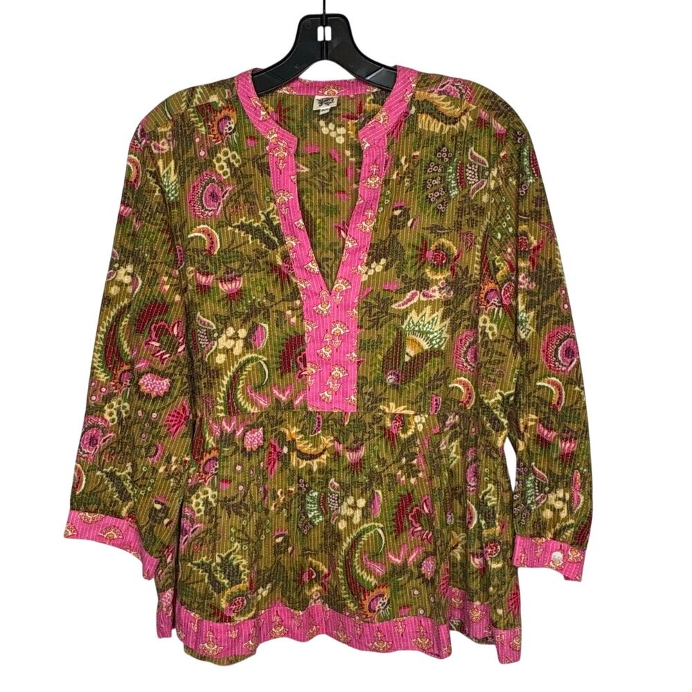 Ivy Jane Kantha Stitch Olive Floral Paisley 100% Cotton Boho Top Size Medium